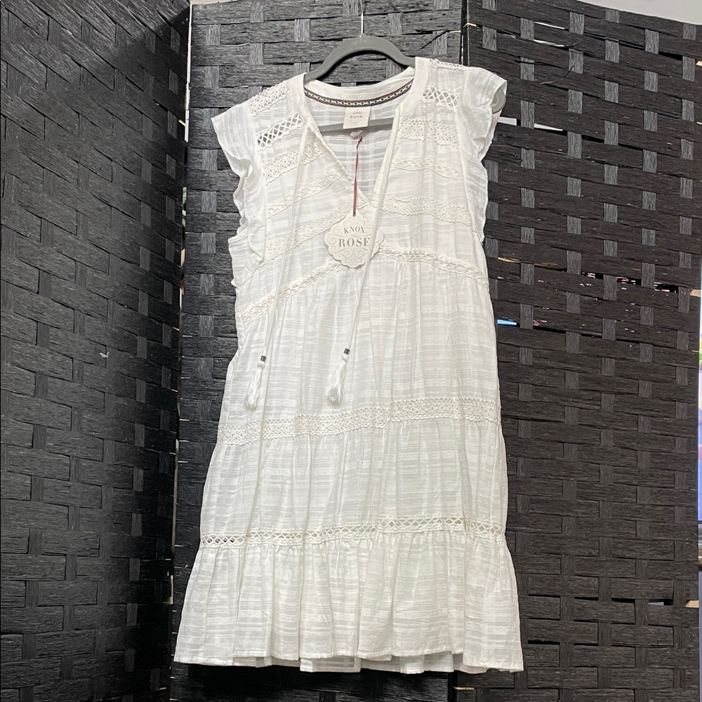 Knox Rose White Lace-Trim Flutter Sleeve Midi Dress